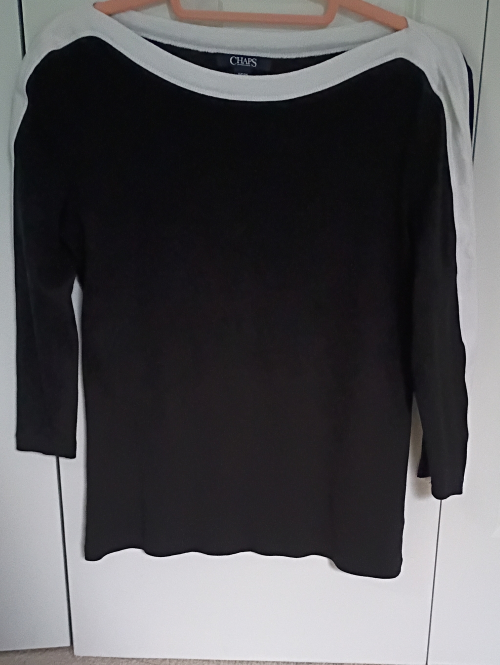 Chaps Black Top with White Boatneck Trim and Stripe